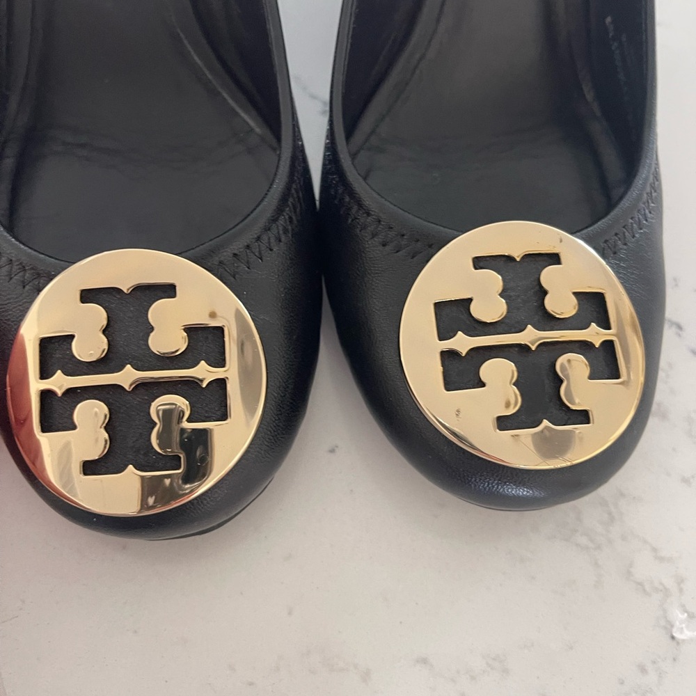 Black Wedge Pumps with Gold Medallion - Picture 3 of 4